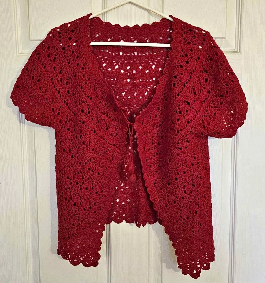 Handmade Openwork Crochet Tie-Front Shrug Cardigan