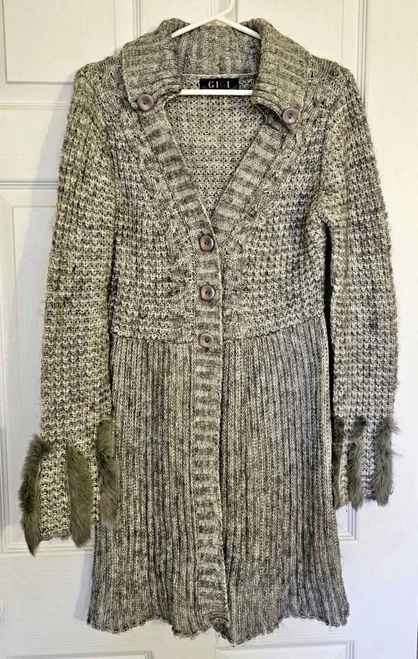 GIGI Wool Blend Long Chunky Knit Cardigan with Faux Fur Cuffs