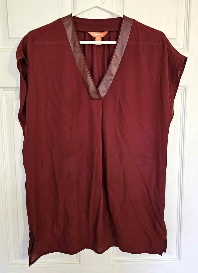 Brand New JOE FRESH Faux Leather Trim V-Neck Blouse - Size Small