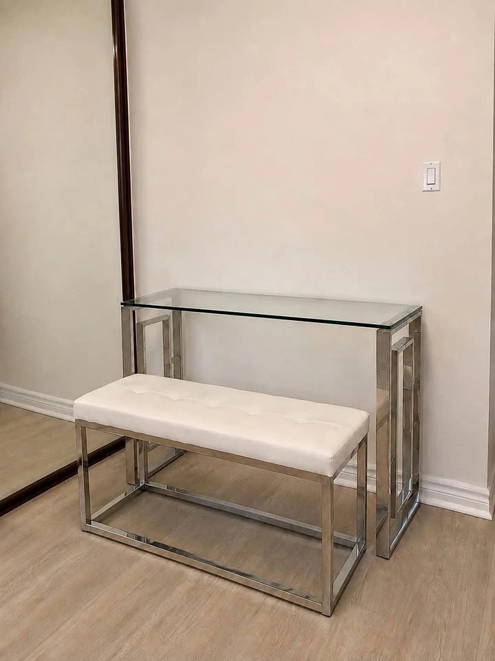 Modern Glass & Chrome/Silver Console with Bench