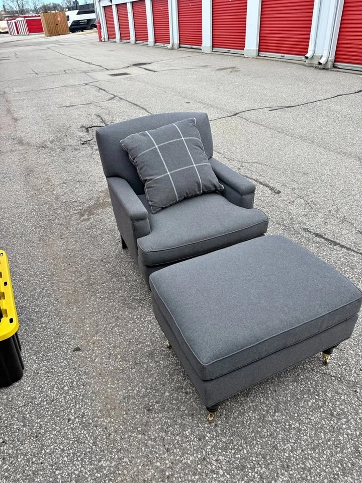 English Roll-Arm Accent Chair + Ottoman Set – Charcoal Grey