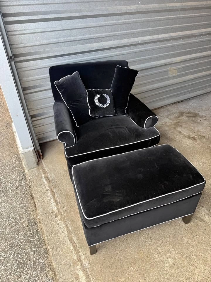Black Velvet Oversized Chair + Ottoman – White Piping