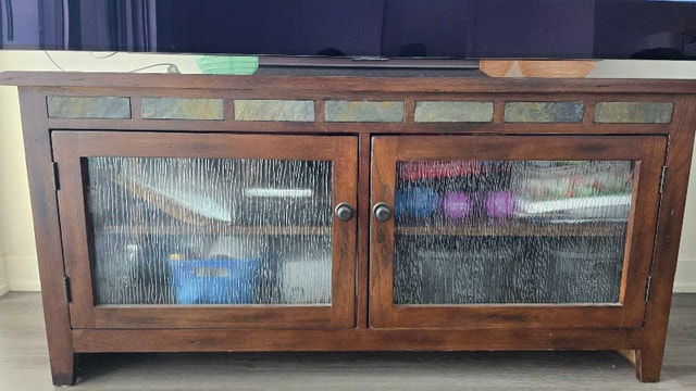 Dark Wood TV Stand / Media Console with Glass Doors