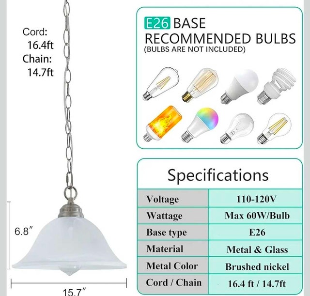 Plug in Pendant Light Alabaster Glass Shade 15.7" - photo 3