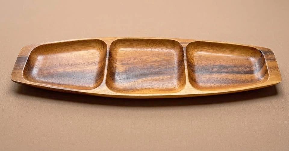 Vintage MCM Japanese Monkeypod Wood 3-Compartment Serving Tray