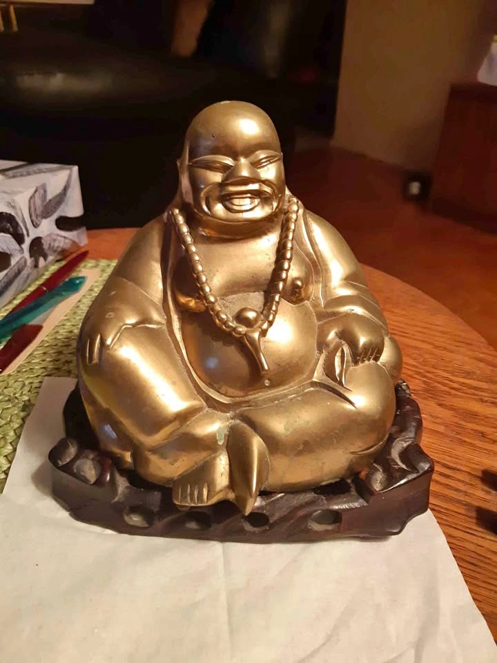 Vintage Brass Laughing Buddha Statue with old wooden hand carved