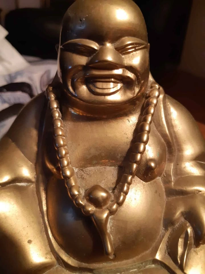 Vintage Brass Laughing Buddha Statue with old wooden hand carved - photo 2