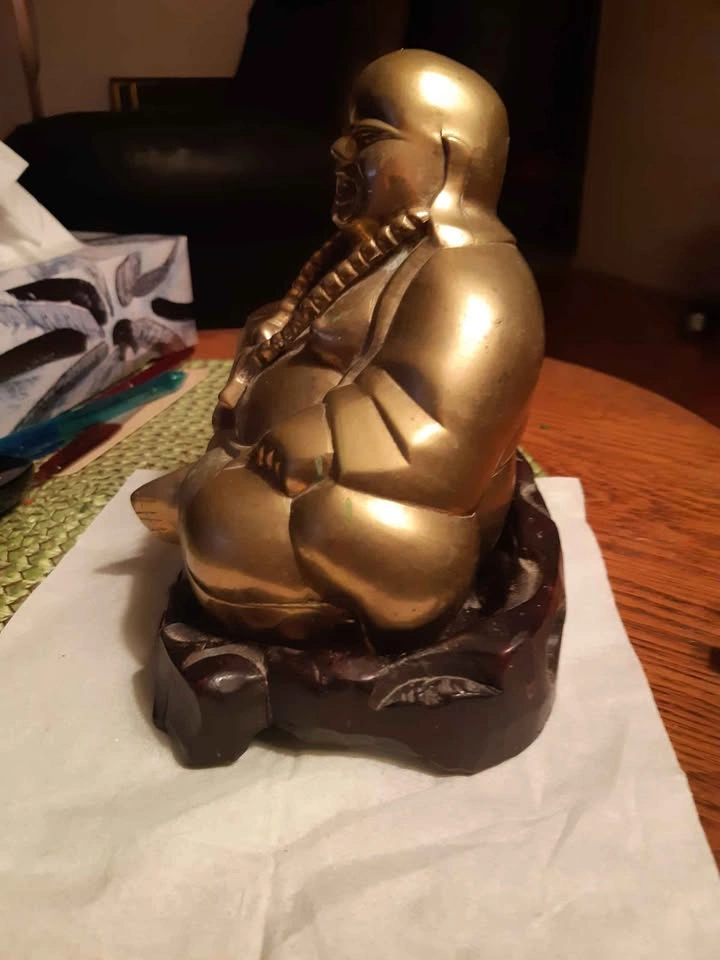 Vintage Brass Laughing Buddha Statue with old wooden hand carved - photo 3