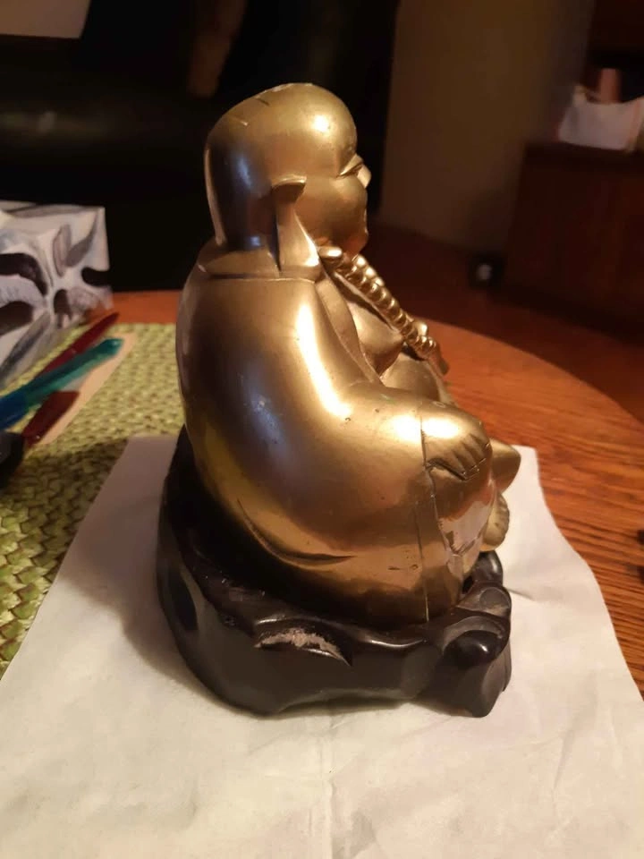 Vintage Brass Laughing Buddha Statue with old wooden hand carved - photo 4