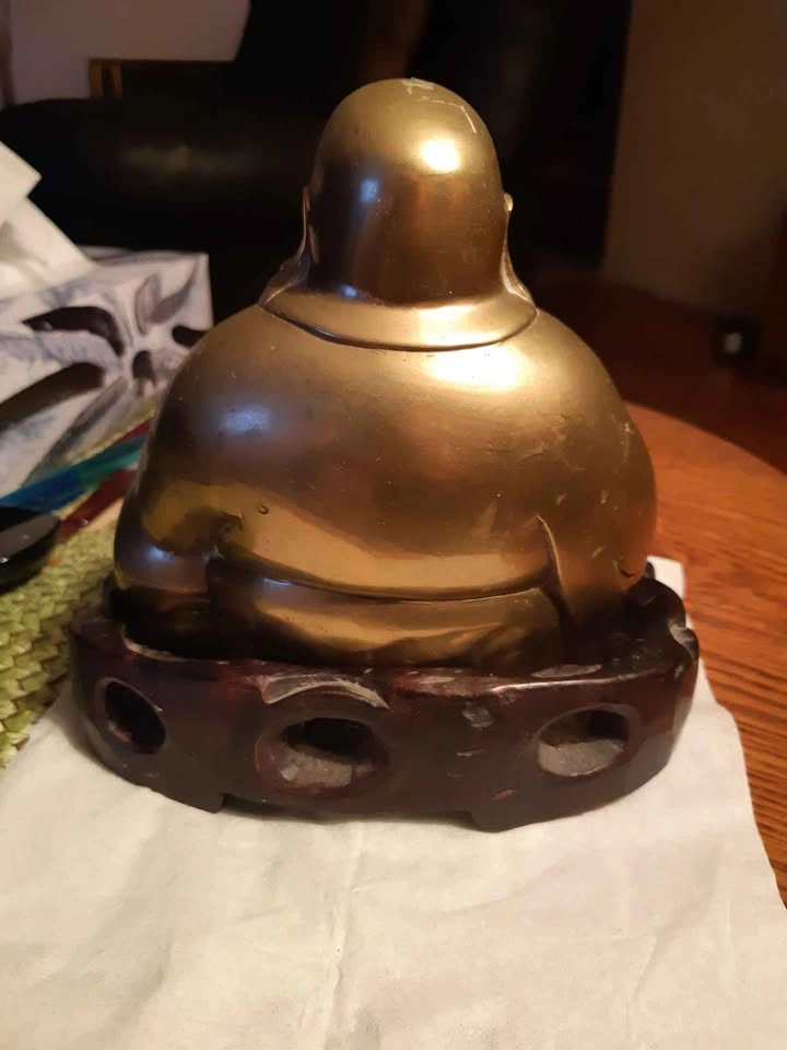 Vintage Brass Laughing Buddha Statue with old wooden hand carved - photo 5