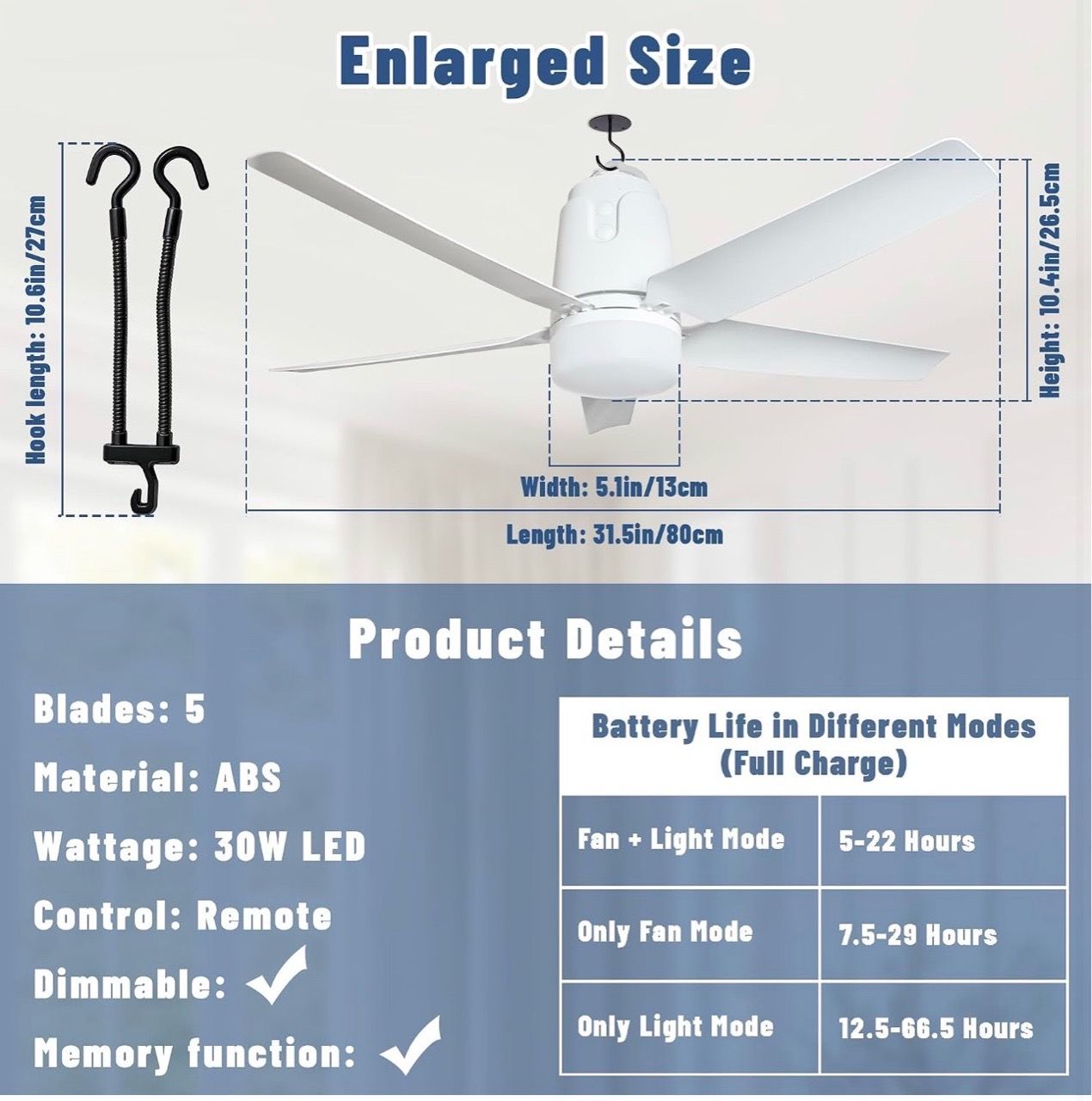 Solar Outdoor Ceiling Fan Light 31.5'', 60W Solar Powered - photo 2