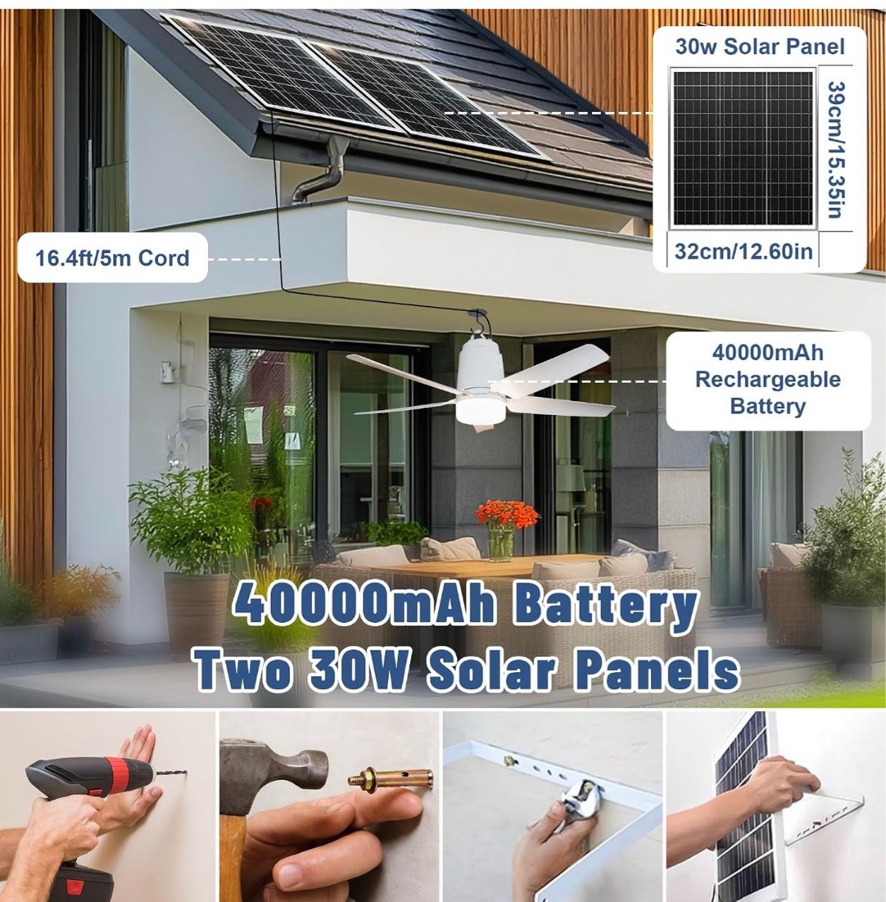 Solar Outdoor Ceiling Fan Light 31.5'', 60W Solar Powered - photo 5