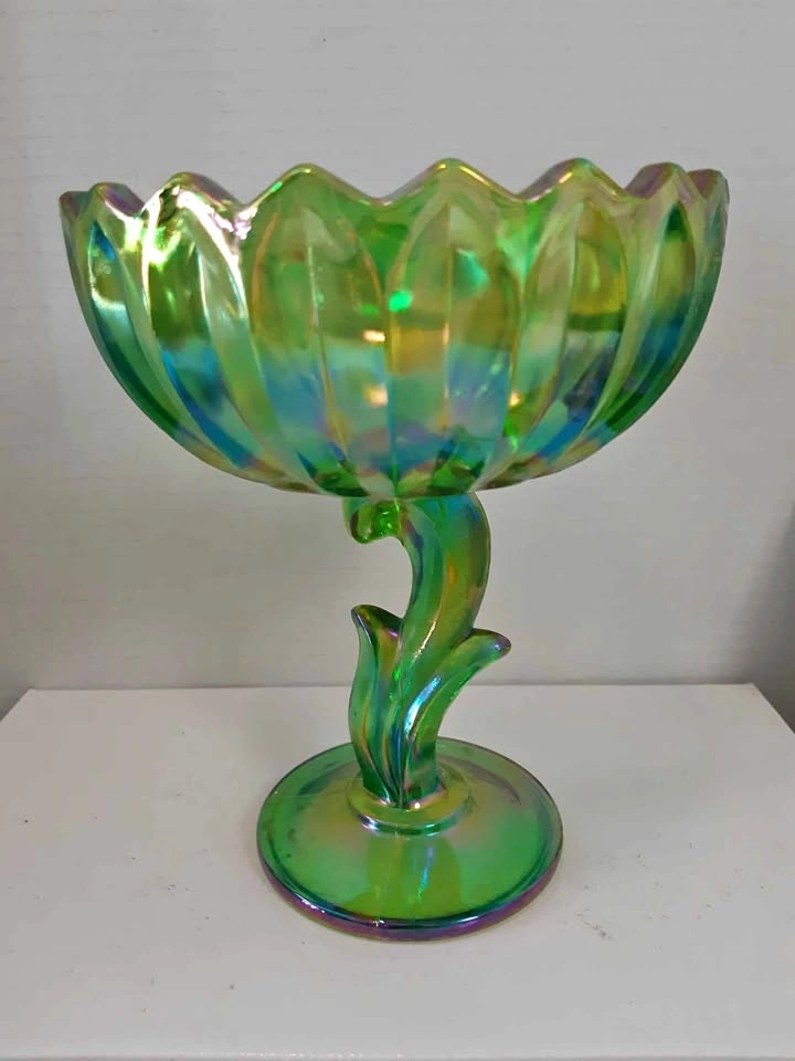 Vintage Green Carnival Glass Compote Bowl