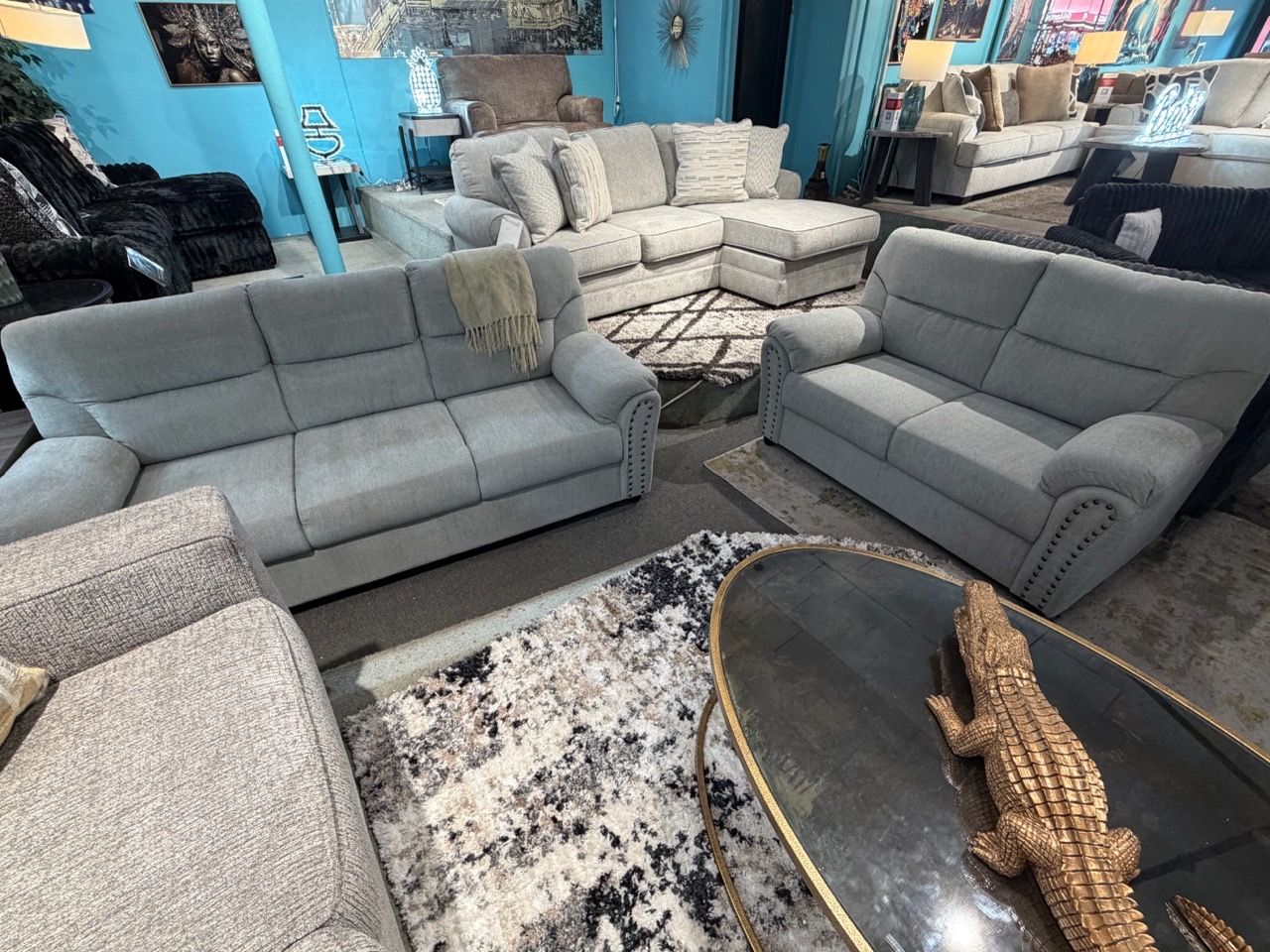Gray Fabric Sofa & Loveseat with Nailhead Trim - photo 3