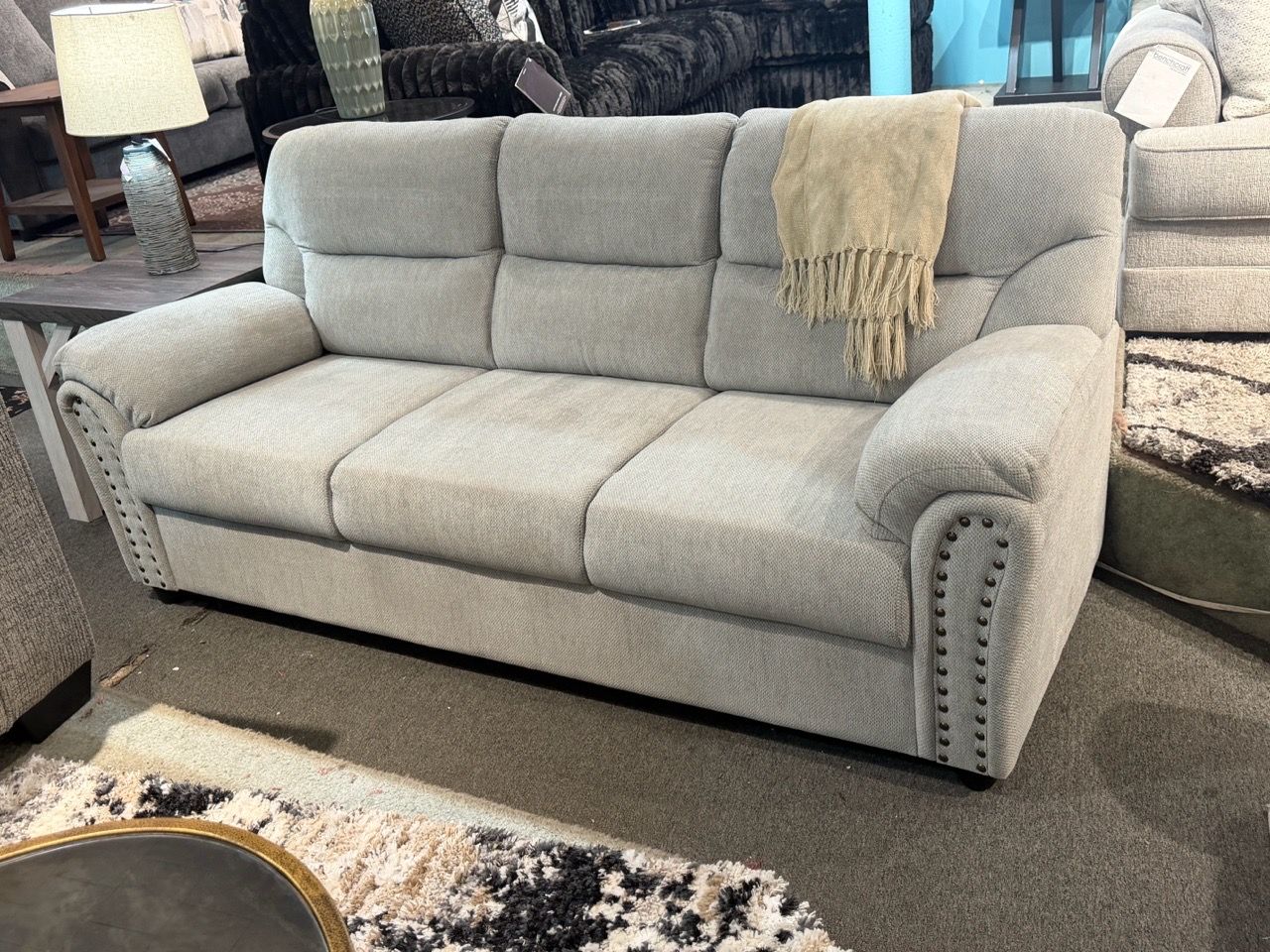 Gray Fabric Sofa and Loveseat with Nailhead Trim