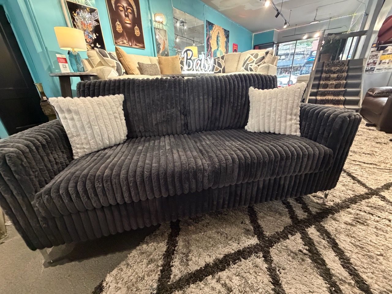 Dark Gray Ribbed Fabric Sofa Set - photo 2