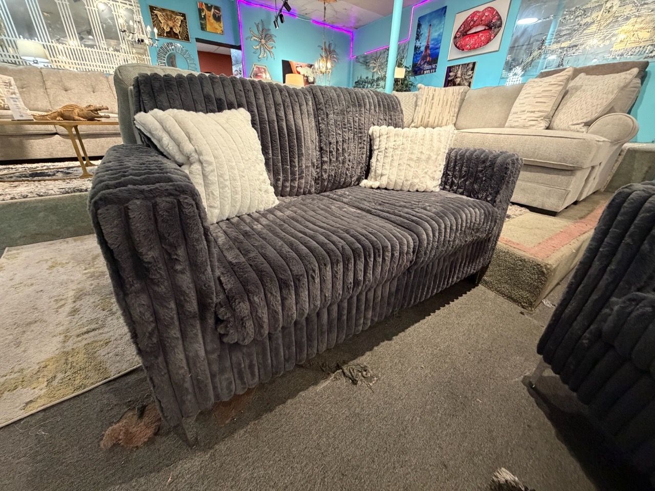 Dark Gray Ribbed Fabric Sectional Sofa Set - photo 3