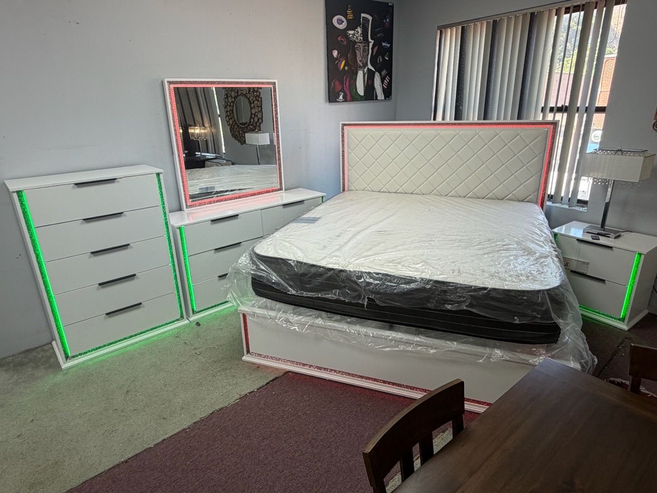 White LED Bedroom Set with Bed, Dresser, Mirror, Chest, Nightsta