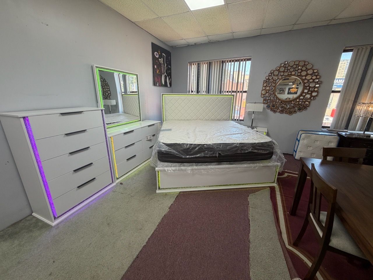 White LED Bedroom Set with Bed, Dresser, Mirror, Chest, Nightsta - photo 2
