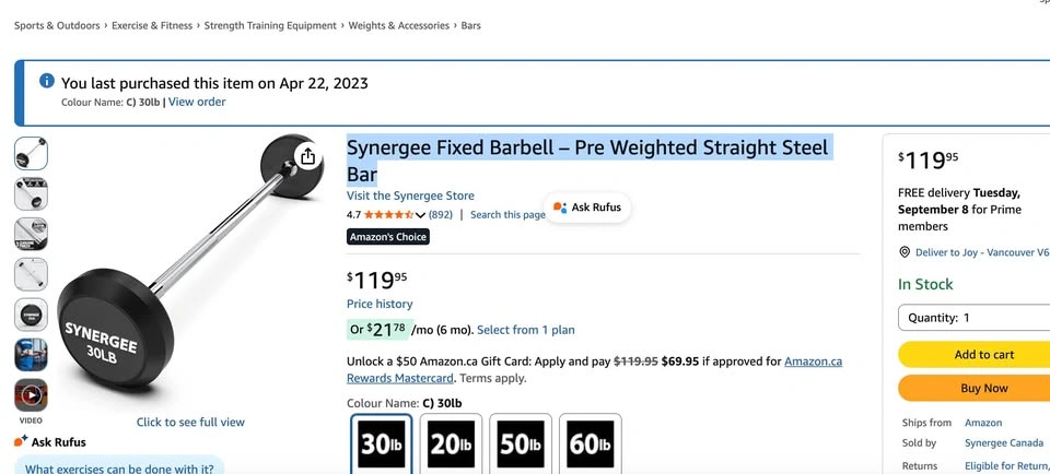 Synergee Fixed Barbell – 30lbs Pre Weighted Straight Steel Bar - photo 3