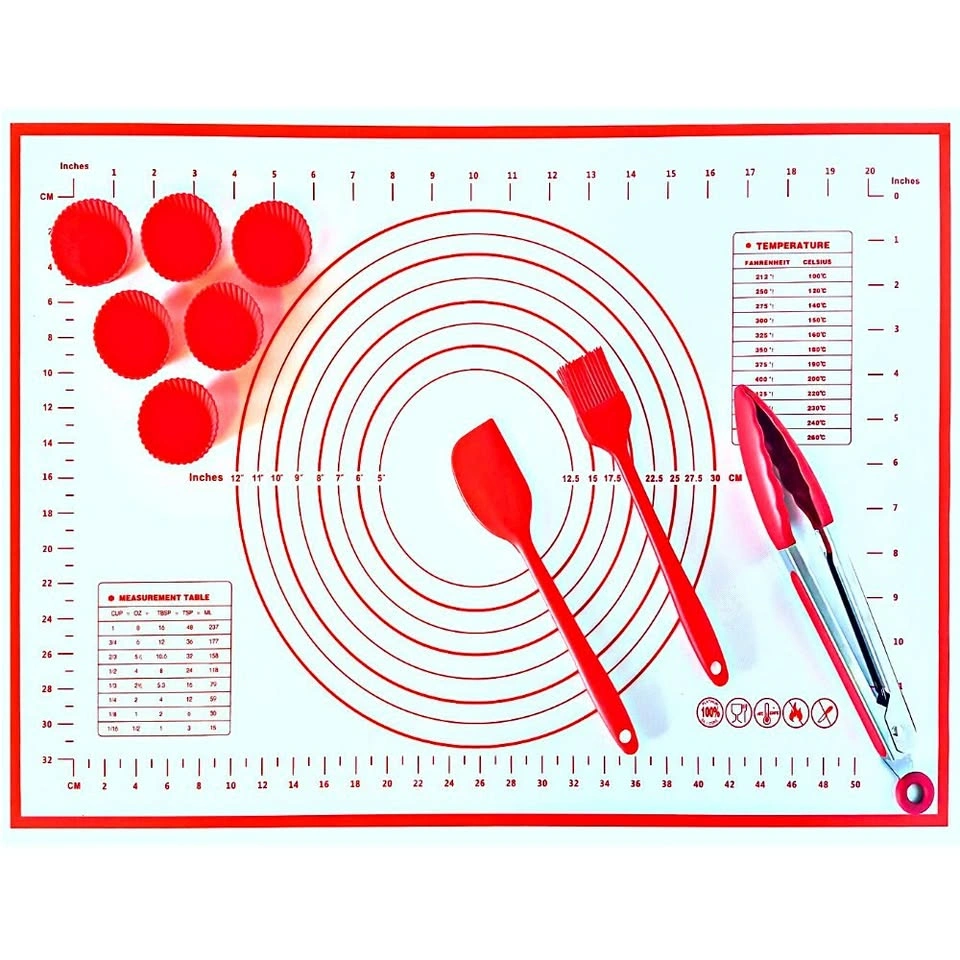 Silicone Mat Set: 16x24" Mat, Tongs, Brush, Spatula, 6 Cups
