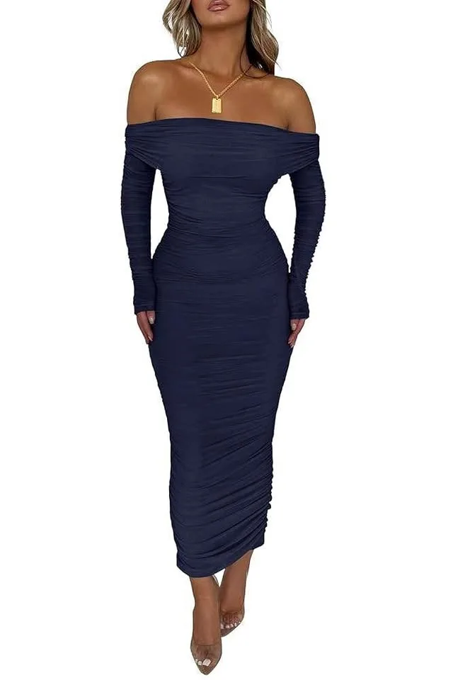 New Off Shoulder Ruched Long Sleeve Bodycon-XL thumbnail