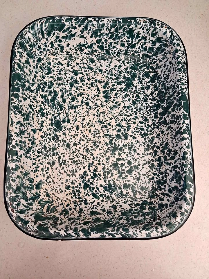 Green and white splatter baking dish