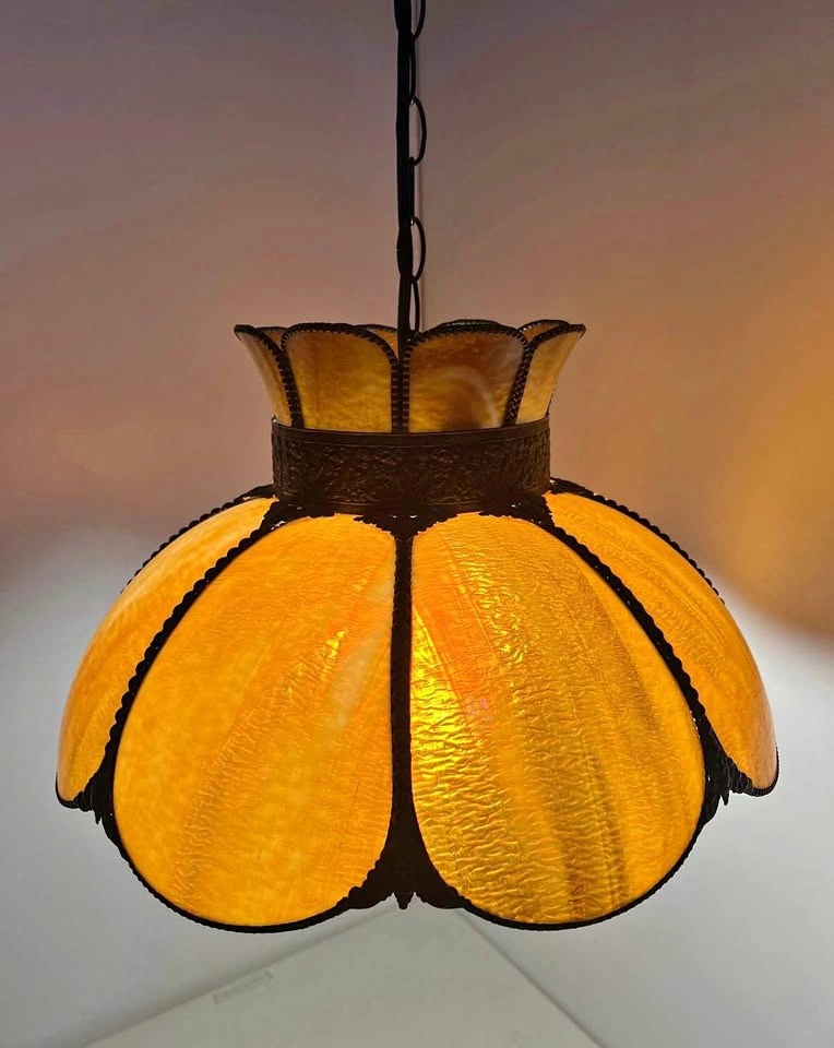 Vintage Tiffany-Style Slag Glass Pendant Light | 18” | Brass Det