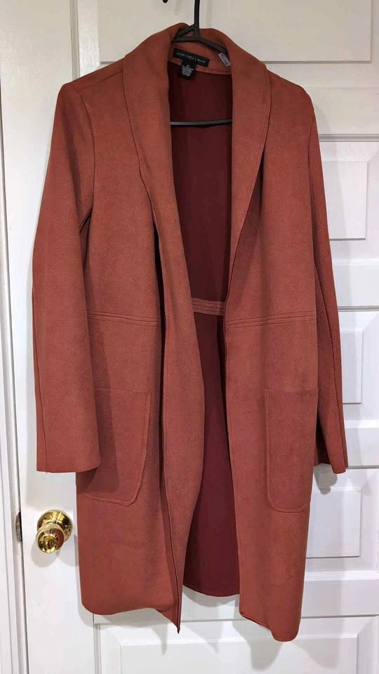 Joan Vass New York Rust Faux Suede Open Front Coat Size M