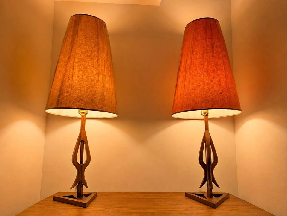 Pair of Vintage MCM Sculptural Teak Table Lamps - 37” Tall