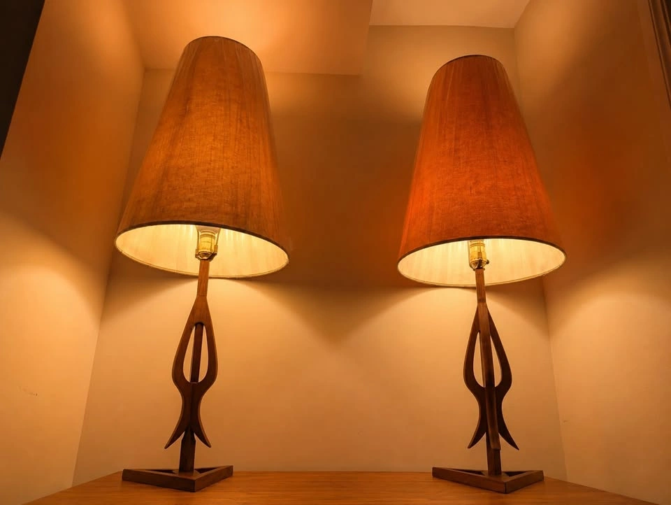 Pair of Vintage MCM Sculptural Teak Table Lamps - 37” Tall - photo 2