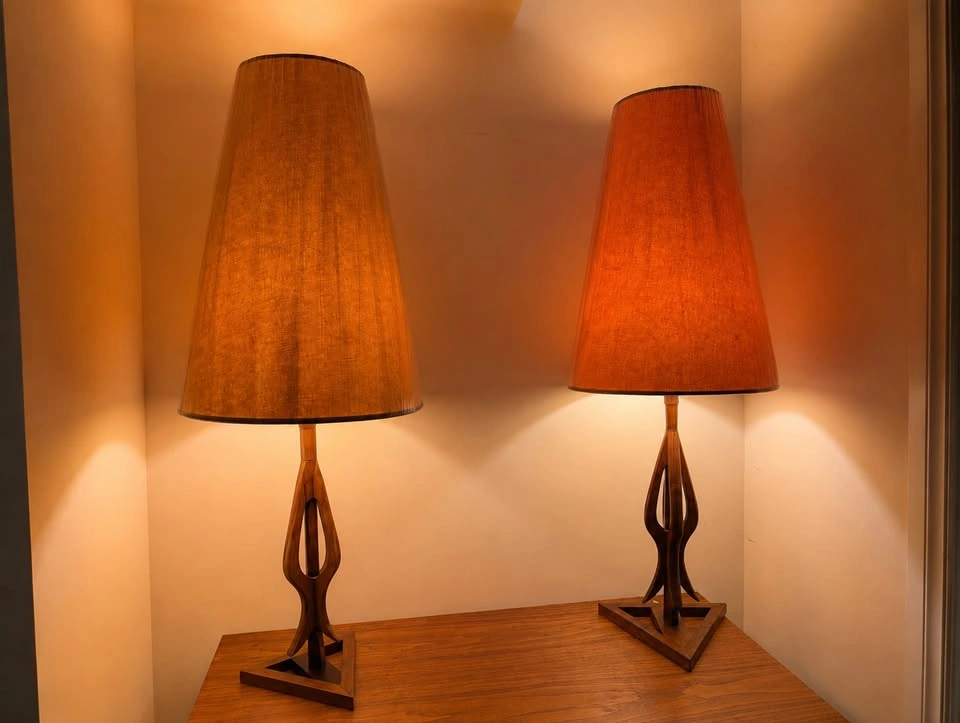 Pair of Vintage MCM Sculptural Teak Table Lamps - 37” Tall - photo 3