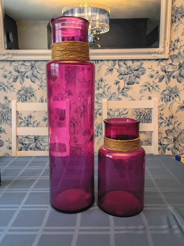 Set of 2 Fuchsia Glass Vases with Rope Detail