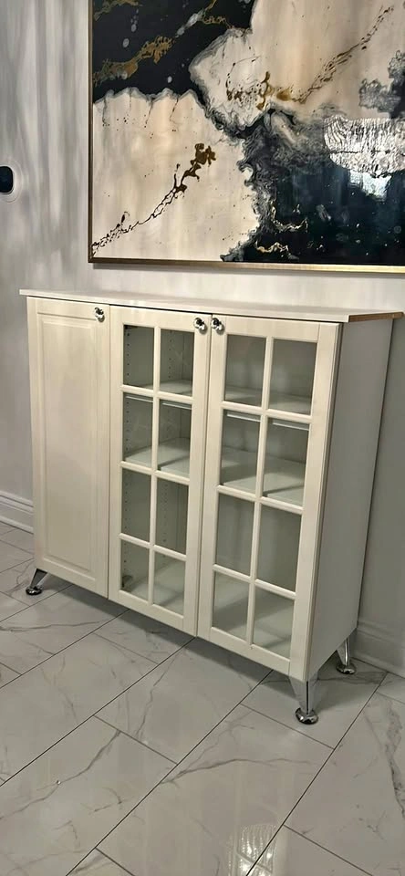 Off White Storage Cabinet with Glass Doors