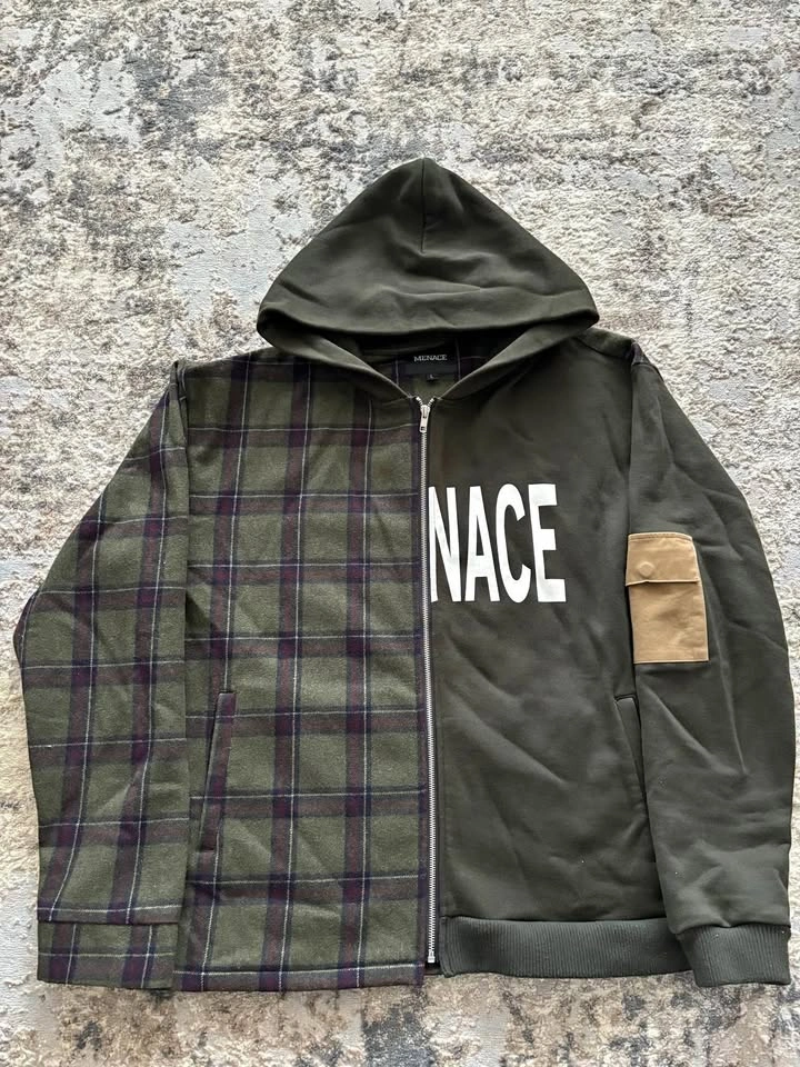 Menace Split Plaid Zip Up Hoodie