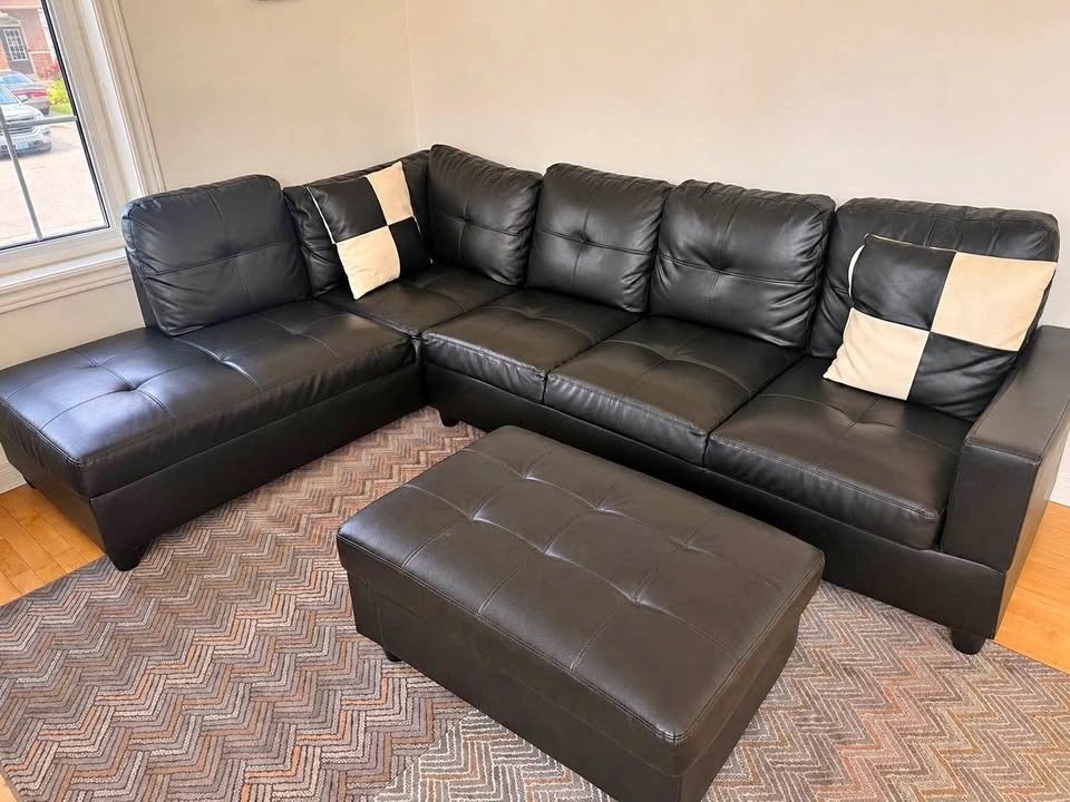 Black Faux Leather Sectional Sofa with Ottoman
