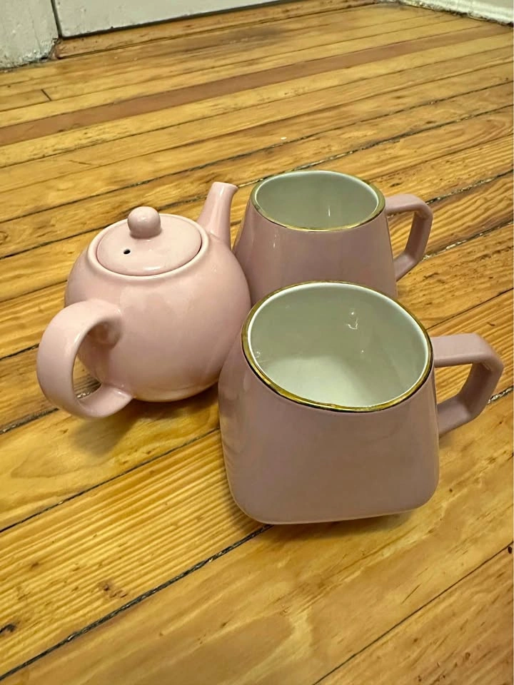 Pink Ceramic Tea Set with Teapot and Two Mugs