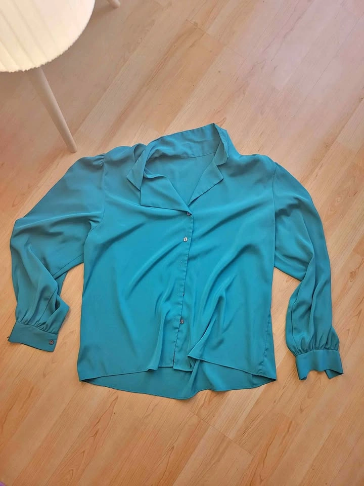 Teal Satin Long Sleeve Button-Down Blouse
