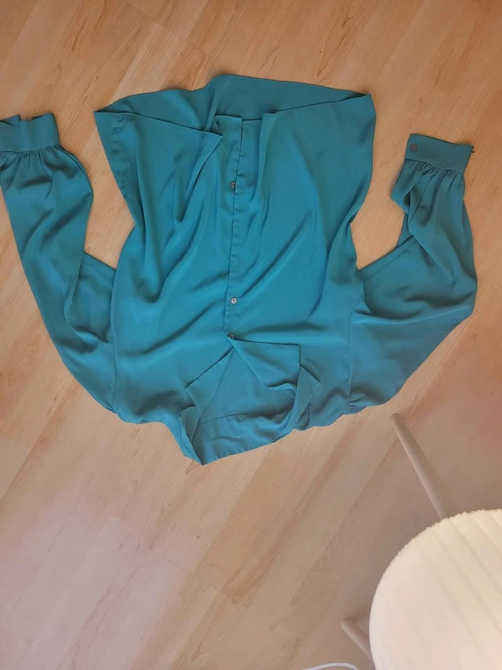 Teal Satin Long Sleeve Button-Down Blouse - photo 3