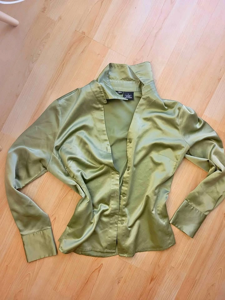 Sage Green Satin Button-Down Blouse Size 12