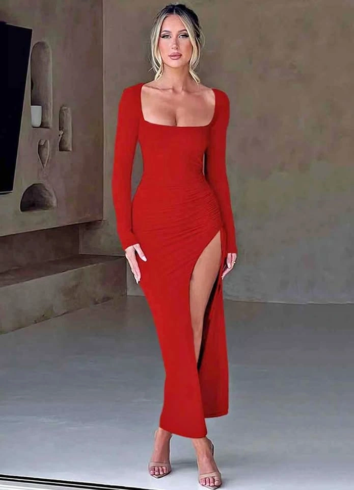 Stunning Red Ruched Maxi Dress with High Slit — Size M