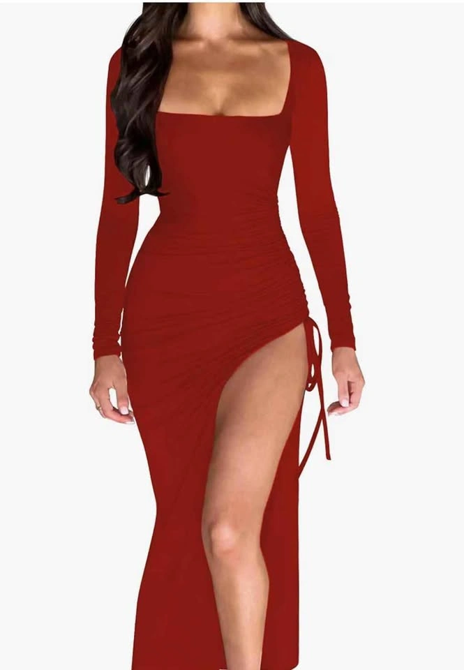 Stunning Red Ruched Maxi Dress with High Slit — Size M - photo 5