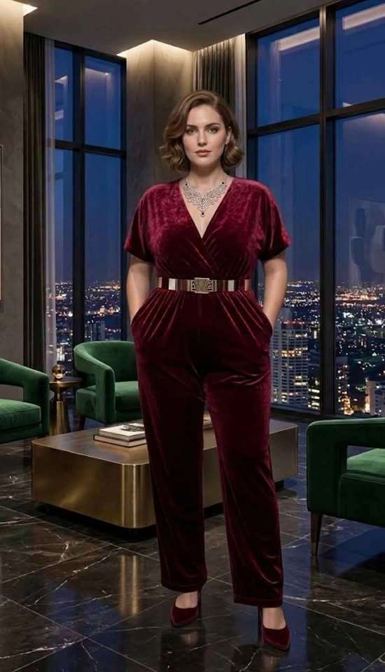 Women's Velvet Jumpsuit – Wine Red / Burgundy (Brand New) - photo 2
