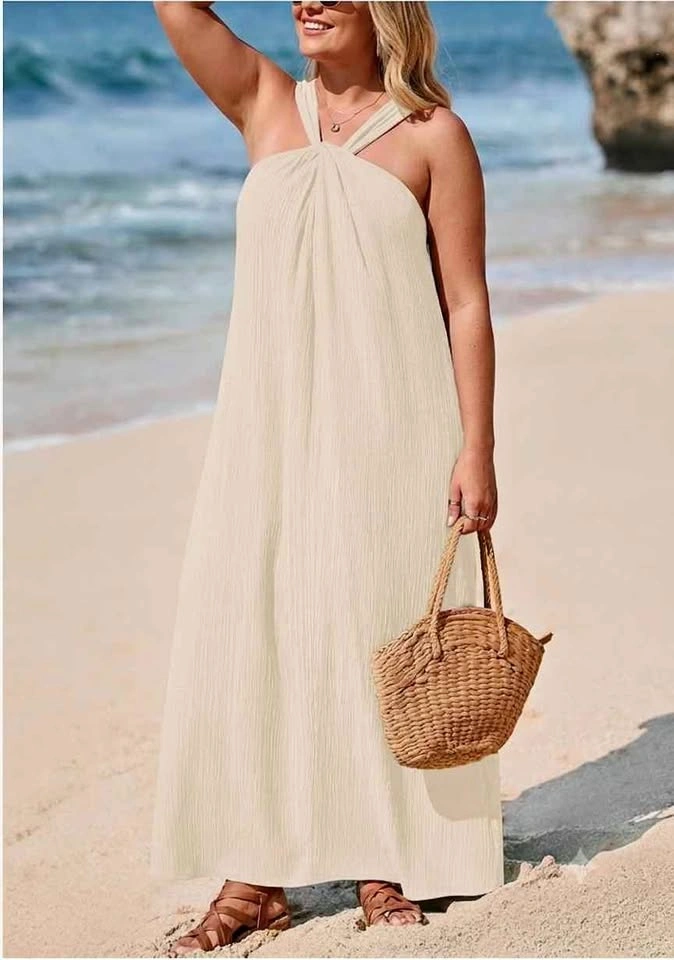Women's Summer Beach Maxi Dress – Cream / Beige Halter Neck