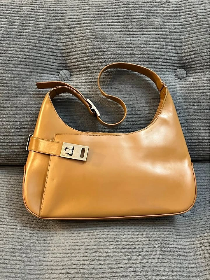 Vintage Salvatore Ferragamo Gancini Leather Hobo Bag - Tan