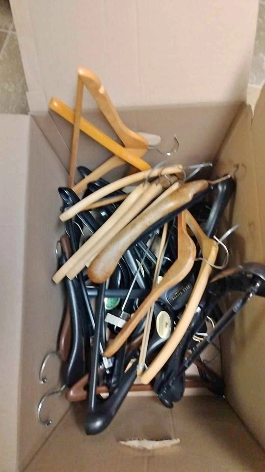 Box of Wooden Hangers and hard Plastic Hangers