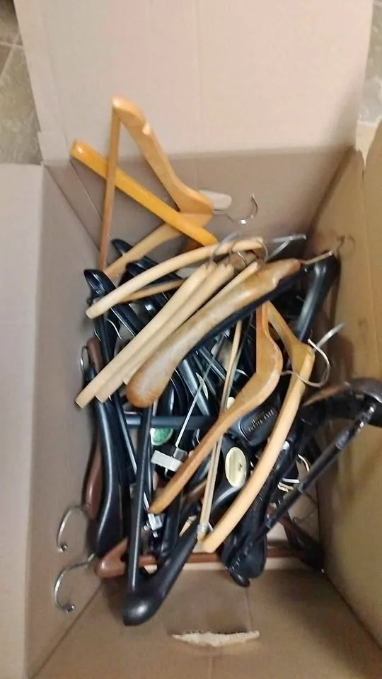Box of Wooden Hangers and hard Plastic Hangers