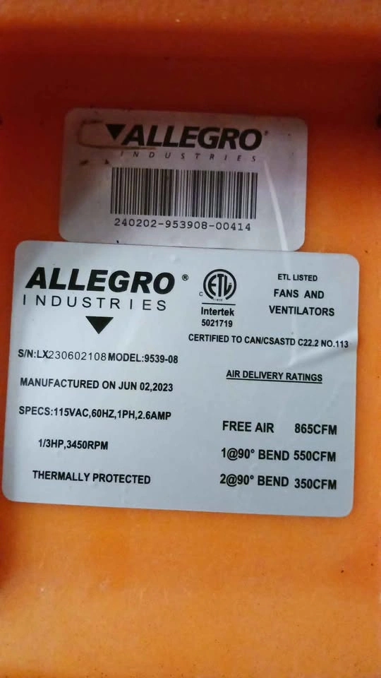 INDUSTRIAL AXIAL BLOWER, 1/3 HP, 865 CFM, 3400 RPM, 115 VAC - photo 2