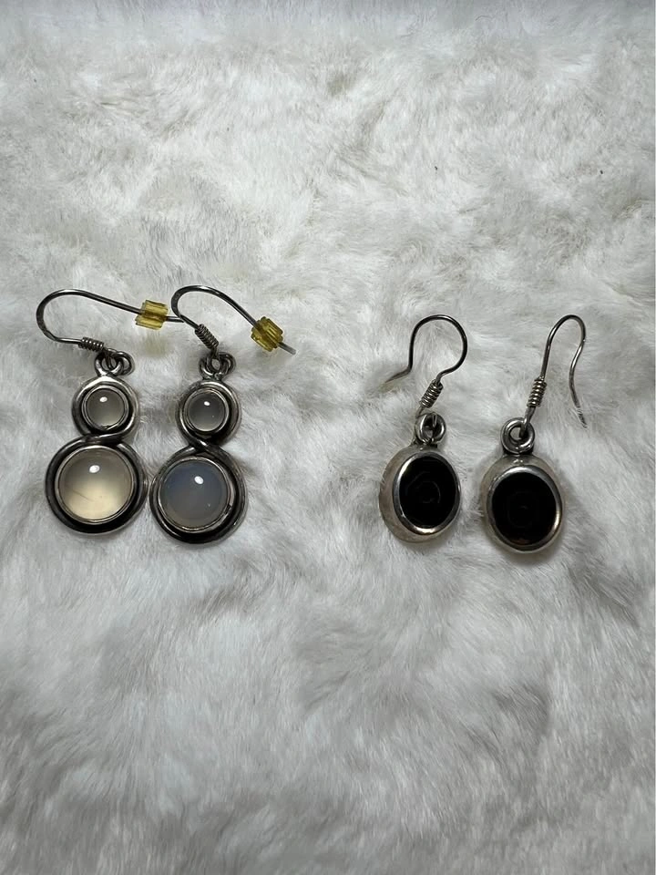 Vintage 2 Pairs 925 Sterling Silver Stone Drop Earrings