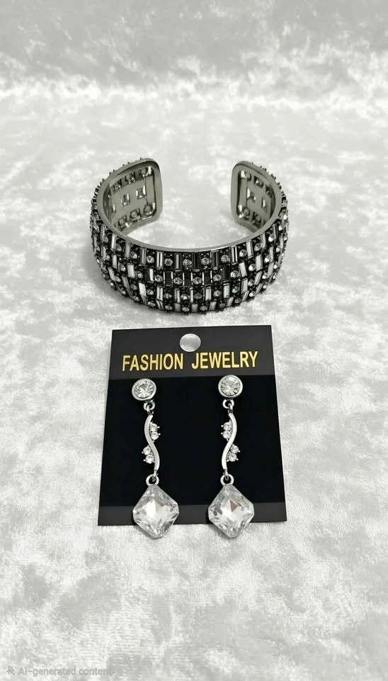 Rhinestone Cuff Bracelet and Drop Earring Set